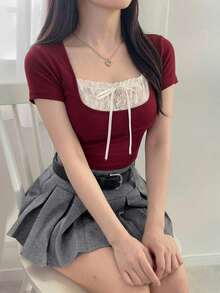 DAZY Valentine's Day Contrast Color Patchwork Short Sleeve T-Shirt For Women Summer Cute Tops Crop Top - Red - View 9