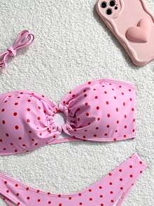 Swim Mod 女款夏季黑白波點印花緊身性感沙灘兩件式比基尼泳衣 - 粉色 - 查看 4