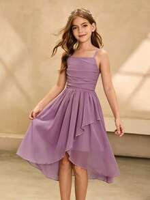 Tween-Mädchen Elegantes luxuriöses rosa Midikleid mit Spaghettiträgern, Off-Shoulder, geeignet für Party, Bankett, Abendveranstaltung, Geburtstag, Aufführung, Hochzeit, Abschlussball, Urlaub und andere Anlässe - Violett - Übersicht 5