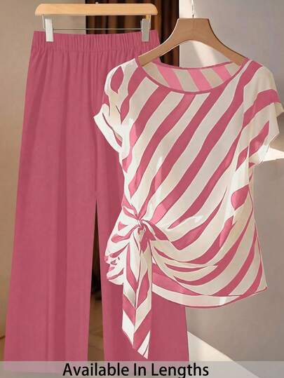 SHEIN Tall CURVE Bộ đồ mùa hè cỡ lớn gồm áo sơ mi kẻ sọc tương phản và quần màu trơn (2 món)