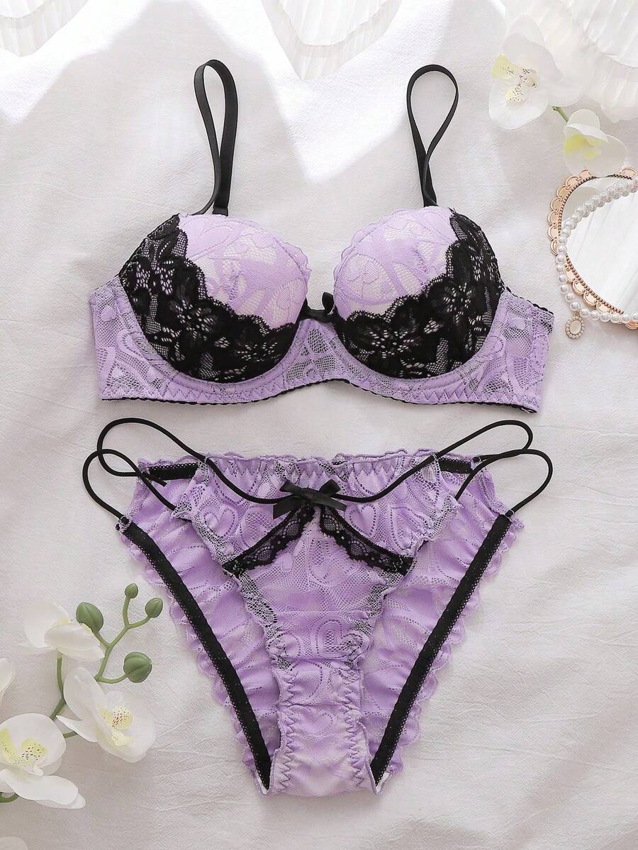 DelicateAllure Bộ đồ lót ren màu hồng và đen, được làm thủ công bằng kỹ thuật móc rỗng, thiết kế dây mảnh gợi cảm, thân thiện với da và quyến rũ. - Màu tím hoa cà - Xem 1
