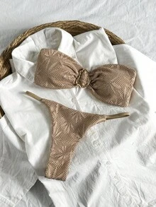 Bonvoyette 春假女士沙滩装夏季套装，女士纯色提花面料无肩带金属装饰性感比基尼套装 - 棕色 - 查看 2