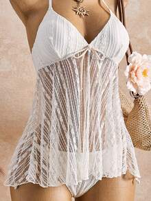 Bellisia Vestido de playa con parte superior de encaje floral y atar al cuello, con Bottom de bikini para mujer - Beis - Ver 6