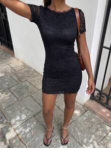 Flirla Women's Elegant Lace Backless Dress, Minimalist And Sexy, Summer Date Night Brunch Night Out Black - Black - View 3