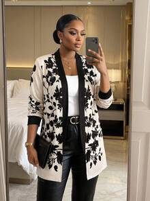 SHEIN Lady CURVE Abrigo delgado de color albaricoque con estampado negro posicionado, de corte holgado y casual, adecuado para el uso diario, otoño, invierno 2025 nuevo, otoño, talla grande - Albaricoque - Ver 1