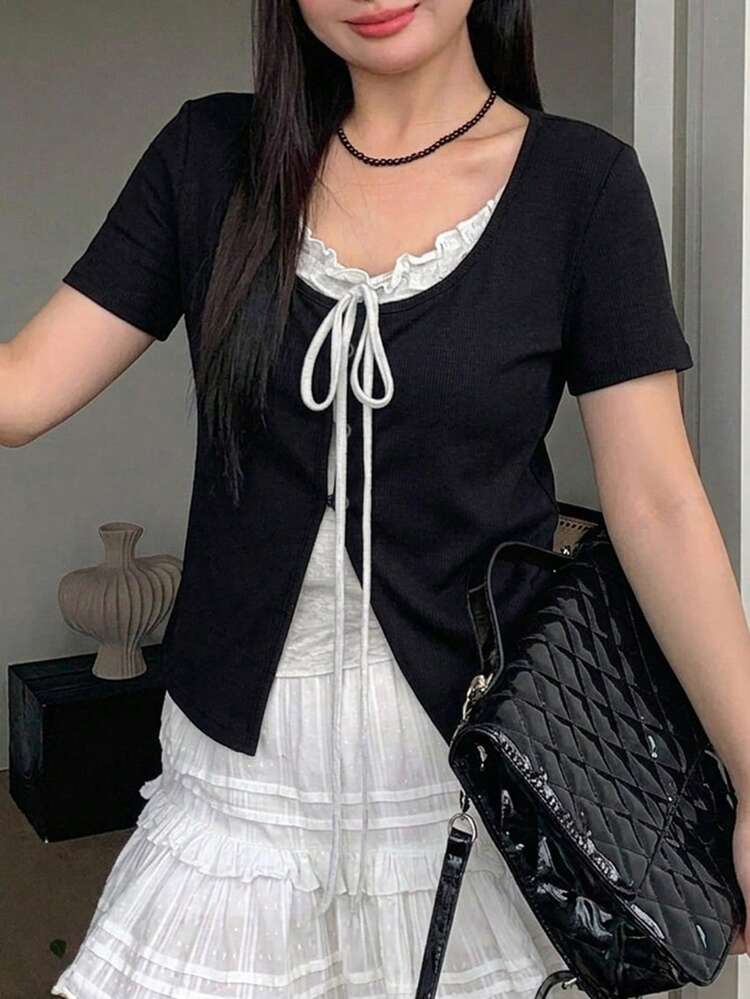 Dazy Plus Contrast Color Patchwork 2 In 1 Lace-Up Long Sleeve T-Shirt, Plus Size Women Autumn