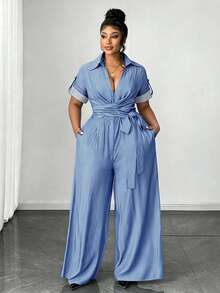Maweii Jumpsuit Kasual Berlipit Leher V Dalam untuk Wanita Ukuran Plus - Dusty Blue - View 4