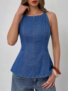 Aloruh Áo thun denim cổ tròn đa năng dành cho nữ, thích hợp mặc hàng ngày. - Màu xanh lam - Xem 8