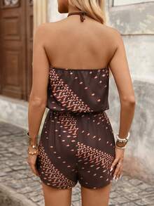 Brillora Vacation Woven Striped Print Bandeau Jumpsuit For Women - Brown - View 3