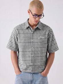 SWAVVY Men's Fashion Plaid Embroidered Single-Breasted Short Sleeve Shirt, Versatile - Black and White - View 2
