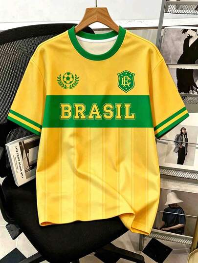 Manfinity Joysei Men's Brazil Football Inspired Letter & Stripe Print Contrast Color Short Sleeve T-Shirt, Sports Style