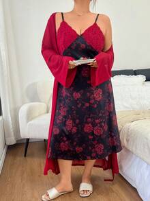 Dream Adore Plus Size Lace Camisole Nightgown And Sexy Mesh Robe Set - Burgundy - View 3