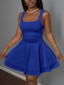 Slaydiva Women's Casual Basic Sweet Ruched Square Neck Sleeveless Top & A-Line Short Dress Set, Summer,Dresses For Women Summer - Teal Blue - View 5