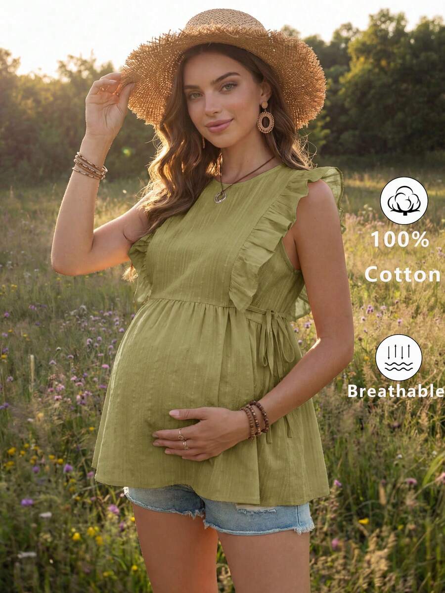 Boho Mama 孕妇时尚百搭荷叶边系带休闲衬衫，简约日常穿搭 - 綠色 - 查看 1