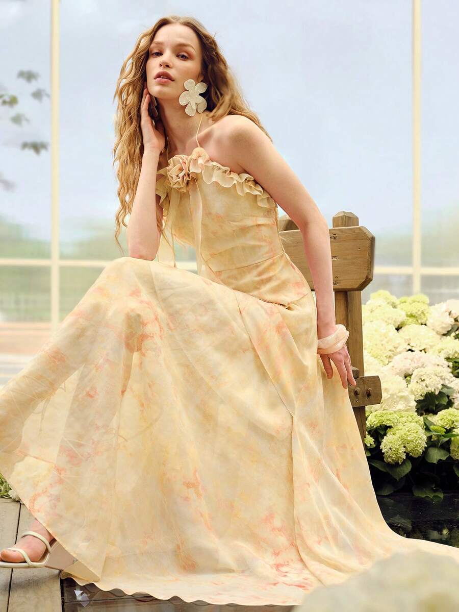 MOTF PREMIUM Vestido feminino de chiffon com estampa floral tie-dye, decote nas costas e amarração frontal. - Luz amarela - Ver 1