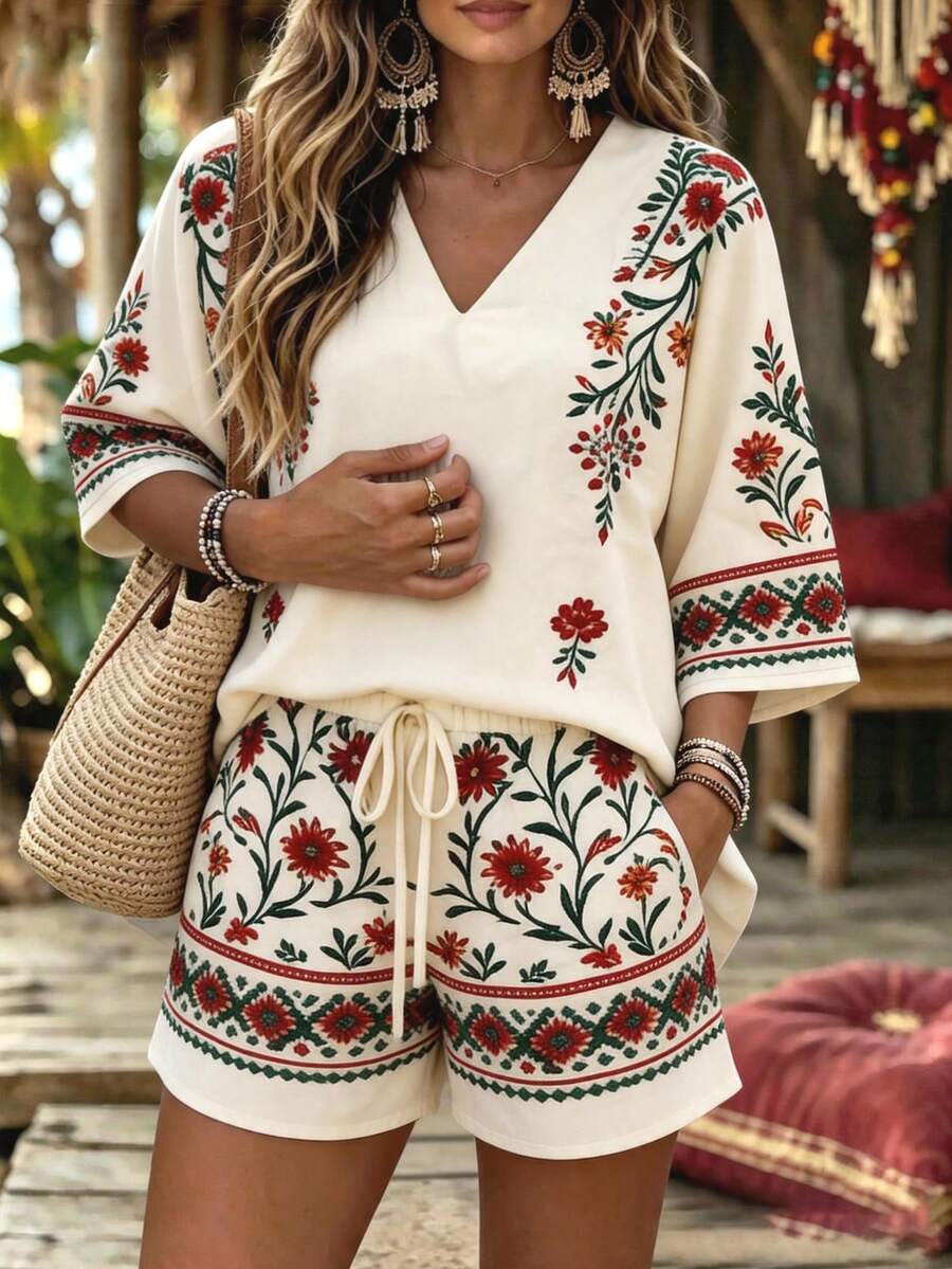SHEIN Holidaya 印花短袖上衣和短裤套装,优雅休闲,适合夏季海滩、度假、日常穿着,也适合办公室、商务、派对、约会等场合。 - 彩色 - 查看 1