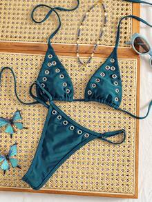 Swim Vcay Springbreak 女士夏季铆钉性感派对音乐节休闲简约度假沙滩镂空系带露背比基尼套装，适合度假和海滩出行 - 水鴨藍 - 查看 4