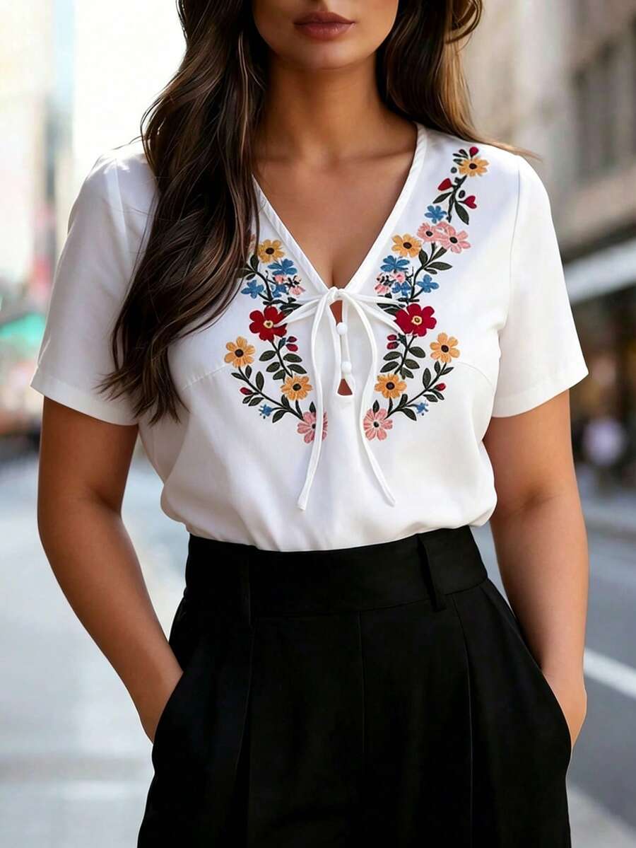 Franclia Plus Size Women's White Summer Boho Vacation Shirt,V-Neck Semi-Sheer Short Sleeve Regular Fit Casual Floral & Botanical Embroidery Resort Wear Top - White - View 1