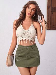 Minifalda de mezclilla lavada y rasgada de verano casual para mujer - Verde militar - Ver 5