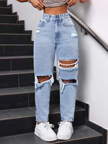 SHEIN ICON Plus Size Solid Color Distressed Slant Pocket High Waist Jeans - Blue - View 3