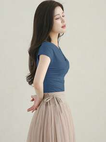 DAZY Ladies Solid Color Pleated Slim Fit Short Sleeve T-Shirt For Spring/Summer - Teal Blue - View 4