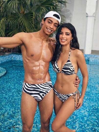 Azuldrift Men's Holiday Beach Holiday Pool Party Vacation Zebra Print Swim Trunks White Summer Tropical Holiday / Vacation / Beach / Hawaii / Tropical / Swim / Bathing Beach Outfit For Men And Women Couple