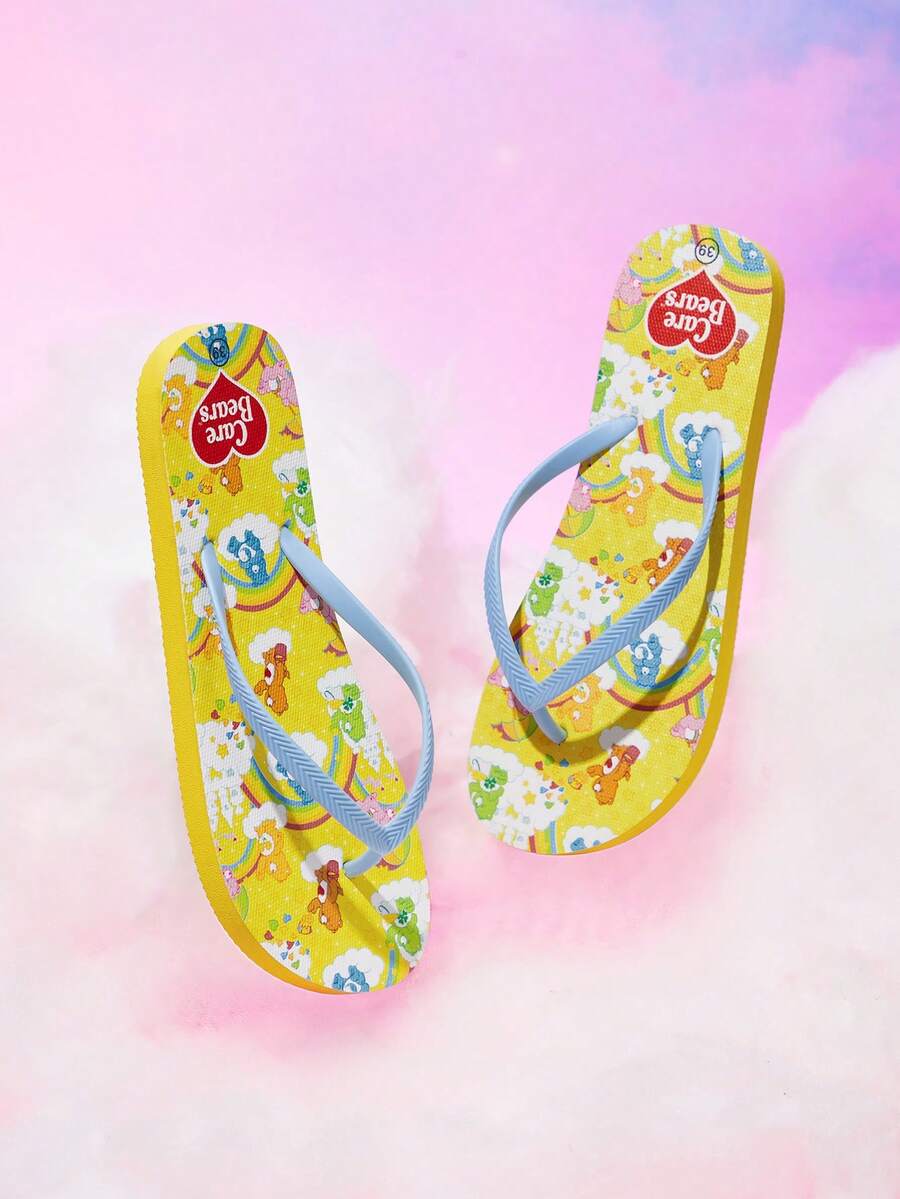 SHEIN X Care Bears 女款可愛卡通夾腳拖鞋,夏季穿著卡通彩虹印花防滑度假沙灘涼鞋 - 亮黃色 - 查看 1