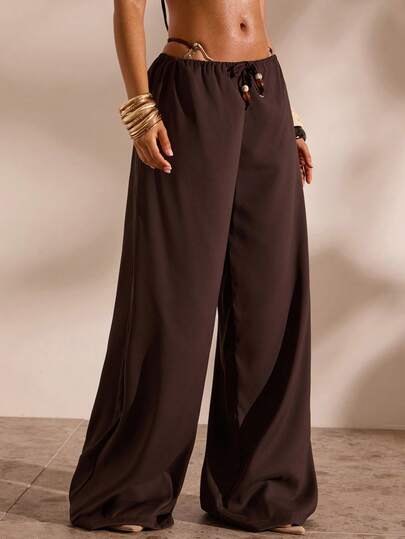Opulessa Conjunto de pantalones anchos y cubrecuerpo con lazo en la cintura para mujer, ideal para vacaciones