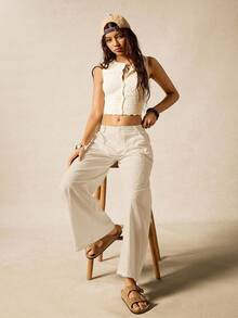 Pantalones anchos de uso diario de unicolor con bolsillo y botón, versátiles y casuales para mujeres - Albaricoque - Ver 6