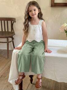 Emery Rose Kids Emery Rose Kids 2件套少女纯色梭织方领荷叶边休闲吊带背心和长裤套装 - 綠色 - 查看 3