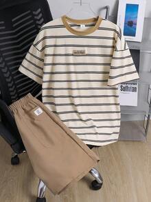 SHEIN 青少年男孩 2件/套 米色夏季海灘休閒條紋印花T恤與純色短褲，舒適百搭青少年男孩套裝，適合日常穿著、上學、運動 - 彩色 - 查看 3