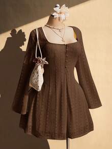 SHEIN ICON Plus Size Women's Square Neck Sexy Y2K Waist Flare Dress, Suitable For Spring And Autumn, Vacation - Brown - View 5