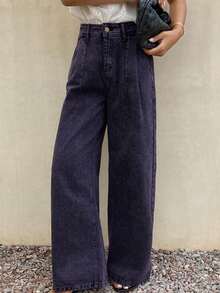 Livesso Quần jeans ống đứng xếp ly thoải mái hàng ngày dành cho nữ - Màu tím - Xem 4
