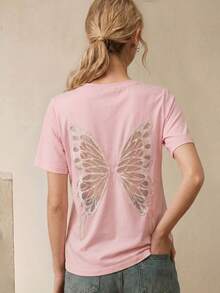 Anewsta Cute & Sexy Butterfly Embroidery Mesh Back Casual & Date T-Shirt For Women, Spring/Summer - Pink - View 3