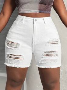 Slaydiva Plus Size Women Distressed Pocket Frayed Hem Casual Denim Shorts - White - View 7