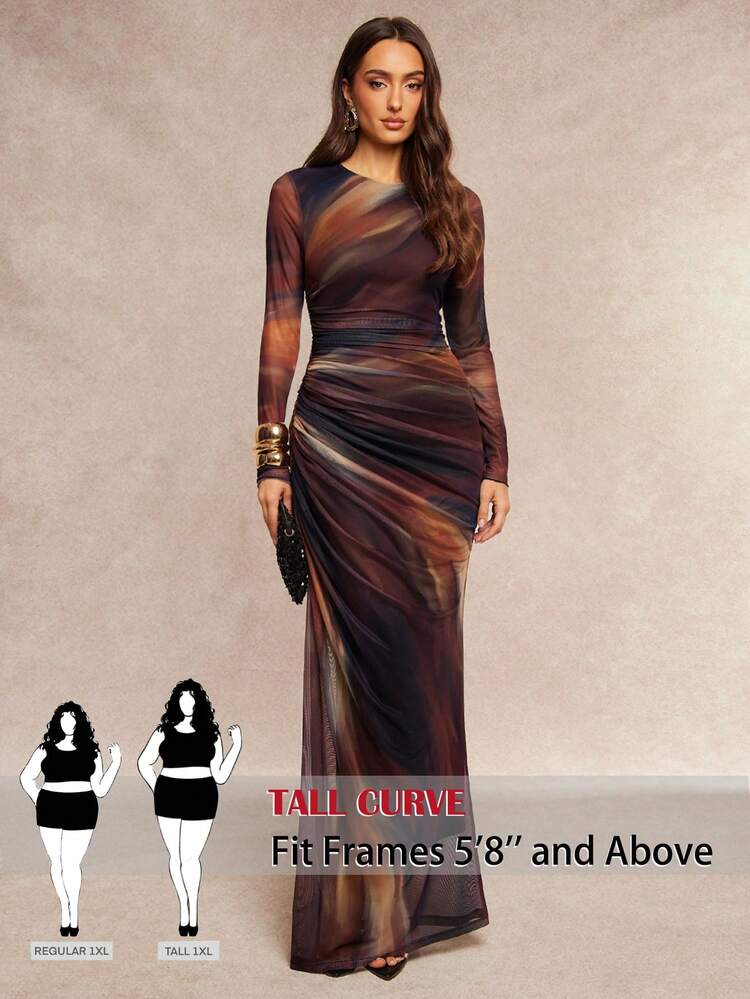 SHEIN Tall CURVE 棕色扎染印花网纱圆领长袖连衣裙，腰部褶皱设计凸显女性魅力。优雅迷人，百搭实用，适合各种场合，例如约会、婚礼季、鸡尾酒会、浪漫派对/约会、晚礼服、日夜皆宜的连衣裙、伴娘礼服、时尚优雅的派对礼服、正式着装等。 - 彩色 - 查看 3