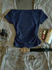 Glimmora Black Solid Color Pleated Off-Shoulder Casual Short Sleeve T-Shirt, Summer - Navy Blue - View 2