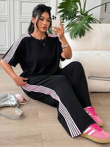 SHEIN EZwear Plus Size Women 2 Pieces Set, Patchwork Color Mid-Sleeve Top And Pants, Casual Daily Wear - Black - View 6