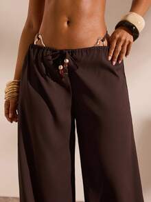Opulessa Women's Vacation Tie-Waist Loose Coverup & Wide Leg Pants Set - Brown - View 7