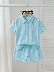 SHEIN 2件組男孩紋理條紋短袖上衣與短褲套裝，適合休閒日常穿著、戶外、學校、夏季 - 藍色 - 查看 3