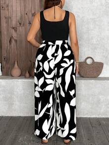 SHEIN LUNE Plus Size Women Sleeveless Floral Print Wide Leg Jumpsuit - Black and White - View 2