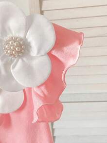 SHEIN Young Girl Summer Casual Vacation Sweet Cute Solid Color Faux Pearl 3D Floral Ruffle Armhole T-Shirt - Pink - View 4