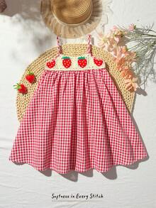 Cozy Pixies Đầm chữ A không tay họa tiết dâu tây móc len cho bé gái, kiểu dáng đồng quê dễ thương, thích hợp cho bé gái đi chơi, dã ngoại, nghỉ mát mùa xuân/hè. - Đỏ - Xem 1