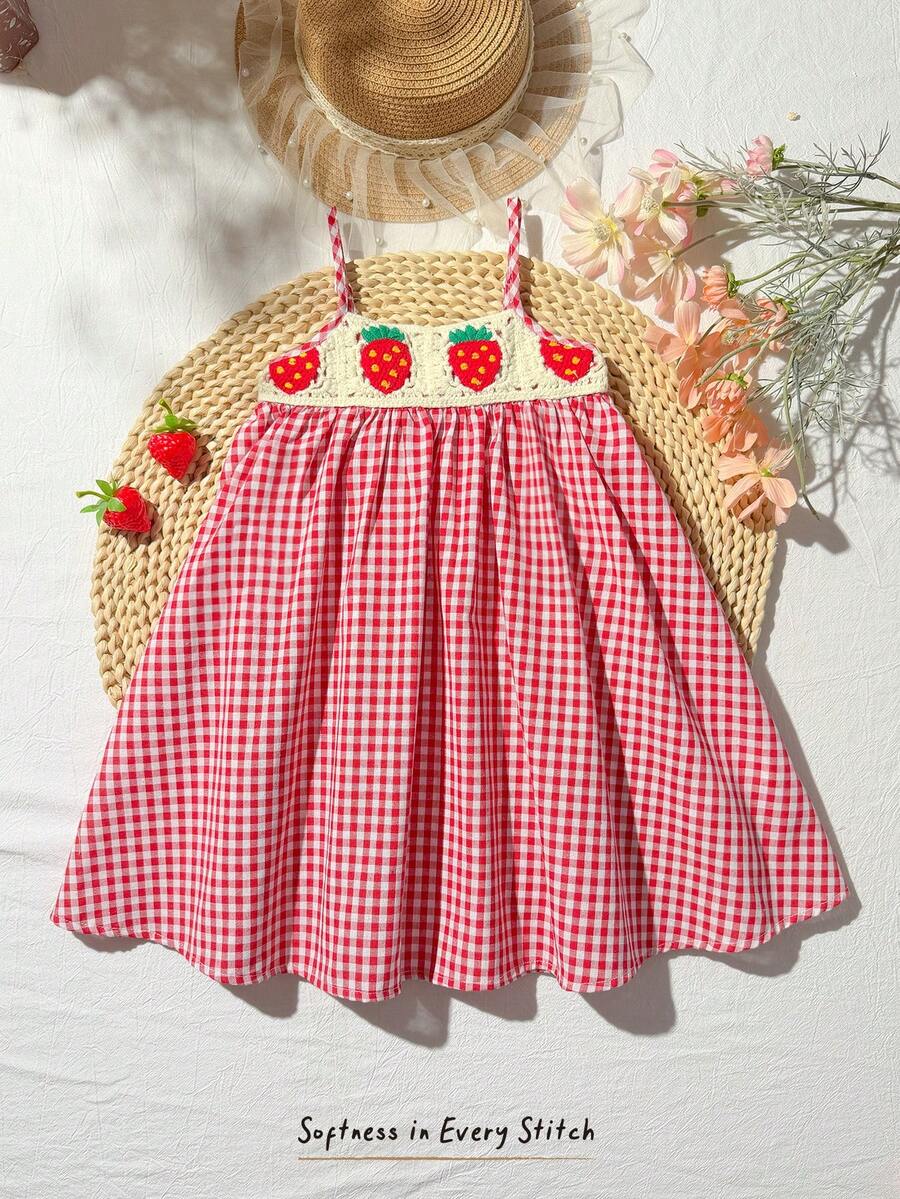 Cozy Pixies Đầm chữ A không tay họa tiết dâu tây móc len cho bé gái, kiểu dáng đồng quê dễ thương, thích hợp cho bé gái đi chơi, dã ngoại, nghỉ mát mùa xuân/hè. - Đỏ - Xem 1