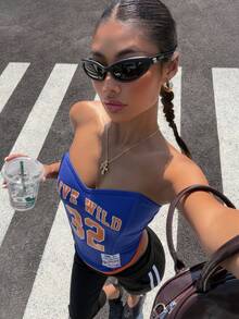 Muchica Brassière de sport imprimée de lettres pour femmes, City Break, Vacances, Jour de match, Coupe du monde, Rentrée scolaire, Grunge Punk, Maillot de football, Gym, Course, Extérieur, Yoga - Bleu azur - Voir 6