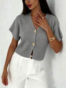 Aloruh Women's Metal Single-Breasted Short Sleeve Casual Thin Cardigan - Light Grey - View 4