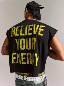 CRAVYNX Casual Street Wear Distressed & Frayed Yellow Slogan Print Oversized Cropped Muscle Sleeveless Top - Black - View 4
