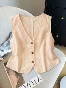 SHEIN LUNE Damen Große Größen Gestreifte V-Ausschnitt Einreiher Baumwollweste, Orange Sommer Smart Casual Alltag Bohemian Knopfhemd, Elegant Ärmellos - Gelb - Übersicht 6