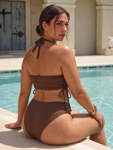 Swim Chiccia Bộ bikini vải gân mới năm 2026, có đệm mút rời, cổ chữ V sâu gợi cảm, dây buộc cổ nơ xinh xắn, dây rút bên hông, quần tam giác cạp cao ôm sát, phụ kiện cao cấp thanh lịch, đồ bơi đi biển thường ngày. - màu nâu - Xem 2