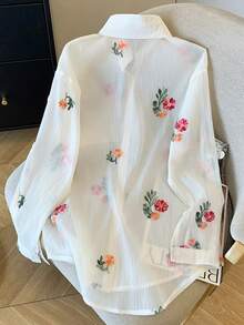 Resyla Conjunto de camisa de manga larga de hombros caídos y pantalones cortos de gasa holgada y regular - Blanco - Ver 2